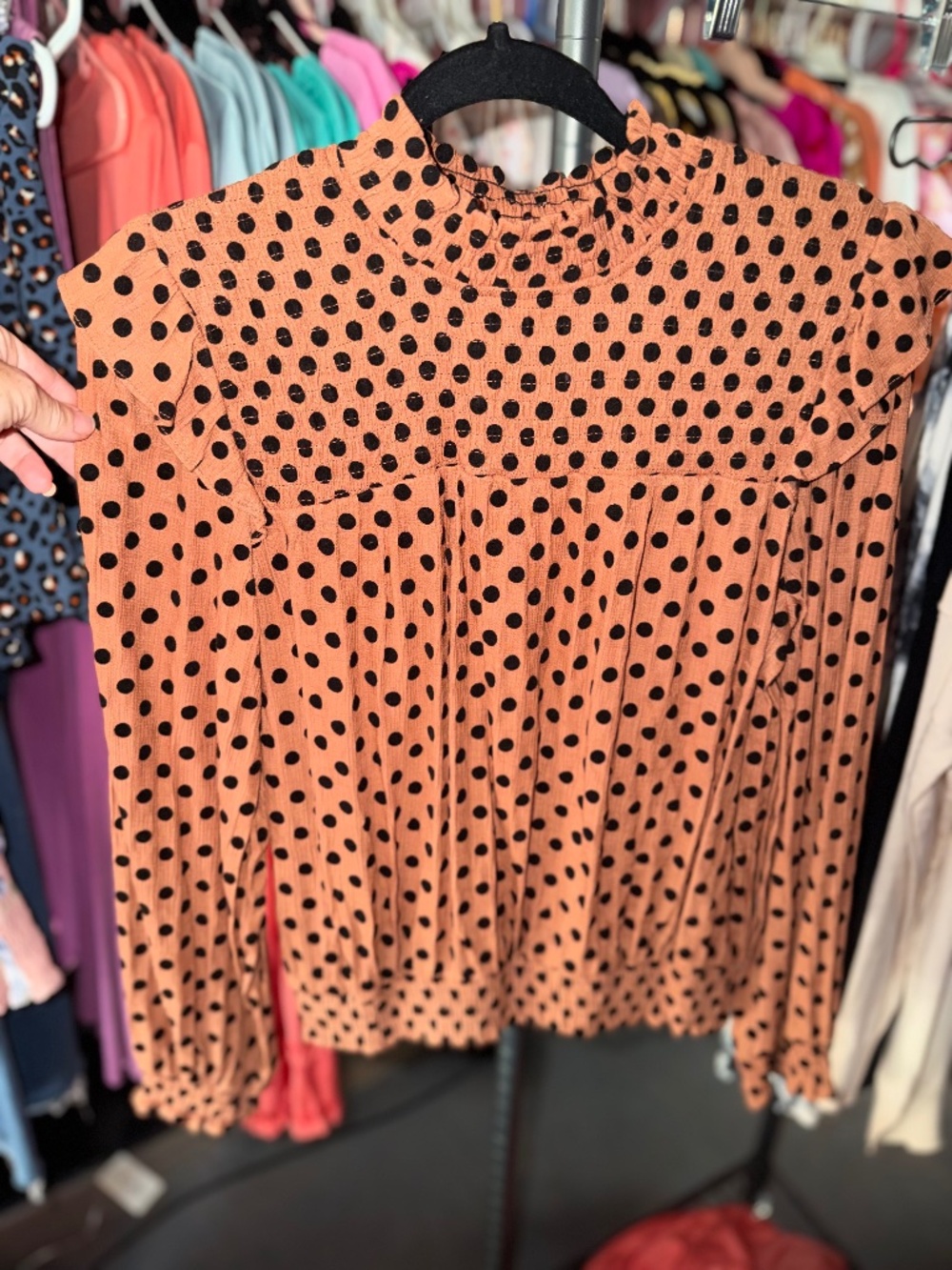 Blu Pepper burnt orange black polka dot long sleeve top…NWT